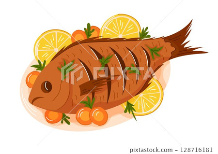 Grilled whole fish with head served on a plate with lemon slice, herbs and lemon in cartoon style. Traditional Rosh Hashanah holiday dish isolated on white background. Grilled whole fish with head served on a plate with lemon slice, herbs and lemon in cartoon style. Traditional Rosh Hashanah holiday dish isolated on white background. 128716181