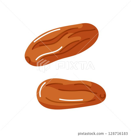 Whole brown dates in cartoon style isolated on white background. Traditional dried fruit for cooking snack or Jewish holiday Rosh Hashanah themes. Whole brown dates in cartoon style isolated on white background. Traditional dried fruit for cooking snack or Jewish holiday Rosh Hashanah themes. 128716183