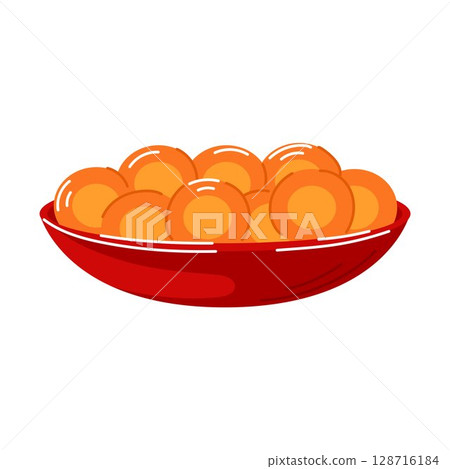 Cartoon illustration of carrot slice in bowl isolated on white background. Perfect for food packaging, Jewish holiday Rosh Hashanah or cultural theme. 128716184