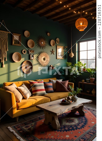 Cozy Living Room with Bohemian Decor and Natural Light from Window in Modern Home Setting 128716351