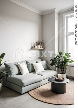 Modern minimalist living room with light colors and indoor plants for cozy and stylish decor 128716389