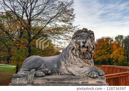 Old stone lion sculpture in Laxenburg Park, Lower Austria. Antique roaring lion statue, front view Old stone lion sculpture in Laxenburg Park, Lower Austria. Antique roaring lion statue, front view 128716397