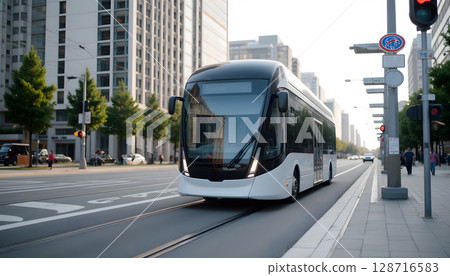 Modern Electric Bus on Urban Street with Modern Buildings and Traffic Signals 128716583