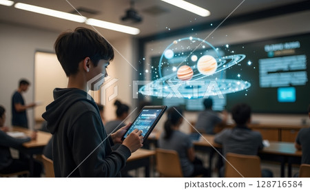 Young Student Engaging with Interactive Holographic Display in Classroom Setting 128716584