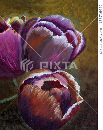 Tulips in handmade oil painting. Closeup of blooming parrot tulips painted in rich purples, reds, oranges on textured canvas. Concept of floral elegance, natural beauty, springtime vibrancy Tulips in handmade oil painting. Closeup of blooming parrot tulips painted in rich purples, reds, oranges on textured canvas. Concept of floral elegance, natural beauty, springtime vibrancy 128716622