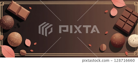 Elegant Chocolate Dessert Frame with Assorted Sweets and Decorative Leaves on Dark Background Elegant Chocolate Dessert Frame with Assorted Sweets and Decorative Leaves on Dark Background 128716660