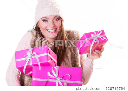 Pretty fashion woman with boxes gifts. Christmas. Pretty fashion woman with boxes gifts. Christmas. 128716764