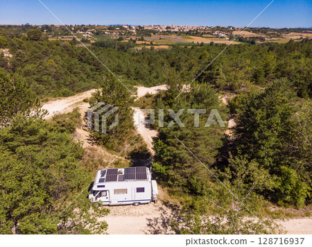 Caravan at lavender field, Provence in France. Aerial view 128716937