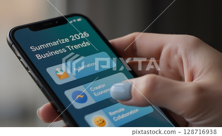 Hand Holding Smartphone Displaying 2026 Business Trends and Insights in Modern Workspace Hand Holding Smartphone Displaying 2026 Business Trends and Insights in Modern Workspace 128716938