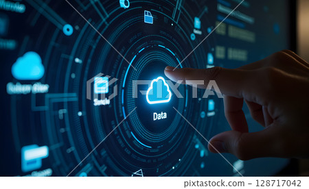 User Interacting with Digital Cloud Data Interface on Touchscreen Display Technology 128717042