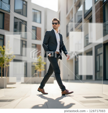 Stylish businessman walking confidently in modern architectural urban setting with glass panels 128717083