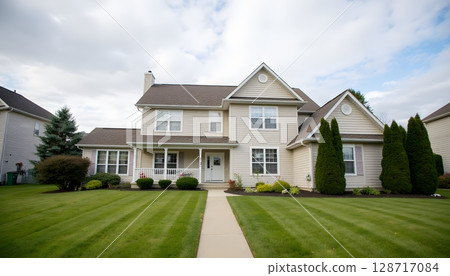 Beautiful suburban house with well-maintained lawn and landscaping on a cloudy day 128717084