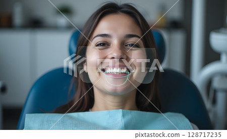 Happy Woman Smiling in Dentist Chair with Dental Equipment and Bright Office Environment 128717235