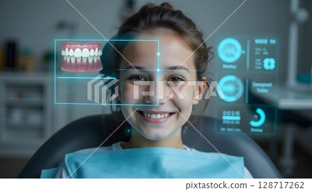 Young Girl with Digital Dental Visualization and Smiling Face at the Dentist Office 128717262