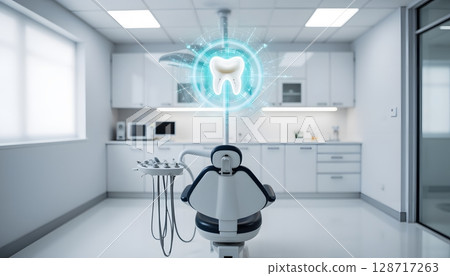 Modern Dental Clinic Interior with High-Tech Tooth Graphic and Treatment Chair 128717263