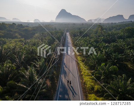 A couple walking together along the road with palm tree plantation beside 128717285