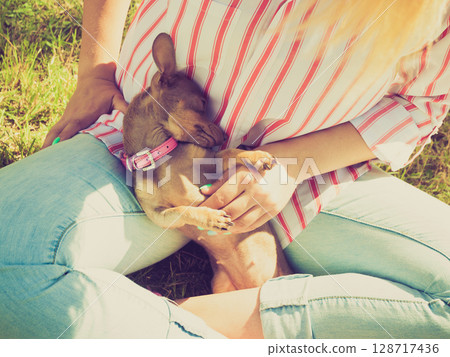 Woman playing pinscher ratter dog outside Woman playing pinscher ratter dog outside 128717436