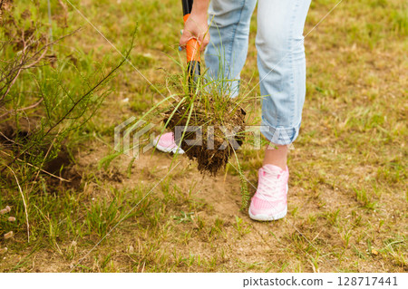 Woman digging hole in garden 128717441