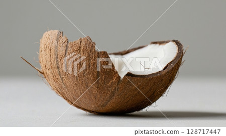 Fresh coconut half with fibrous shell and smooth pulp, isolated on surface for organic concept 128717447