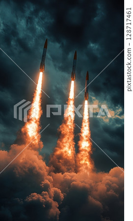 Trio of space launch vehicles ascending through thick clouds with blazing engines glowing exhaust 128717461