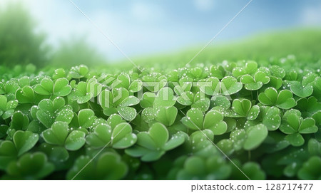 Close-up of fresh green clover leaves with morning dew in soft sunlight 128717477