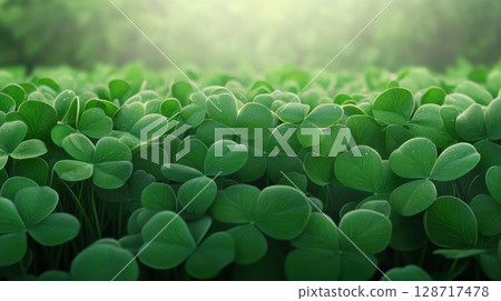 Close-up of fresh green clover leaves with morning dew in soft sunlight 128717478