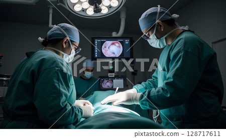 Medical team performing surgery with advanced technology in a modern operating room 128717611