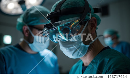 Medical professionals using advanced augmented reality technology in operating room setting Medical professionals using advanced augmented reality technology in operating room setting 128717614