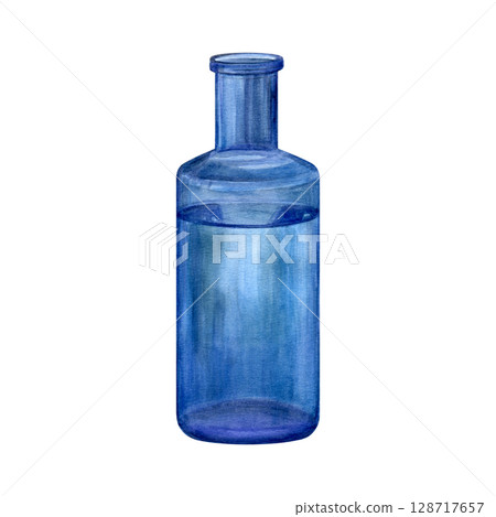 Watercolor painting of glass blue water bottle. Good for postcards, invitations, greeting cards, menu. Watercolor painting of glass blue water bottle. Good for postcards, invitations, greeting cards, menu. 128717657