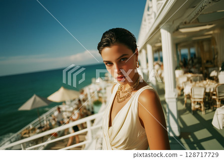 A woman in a white dress stands on a balcony overlooking the ocean 128717729