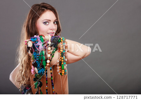 Pretty woman with jewelry necklaces ring bracelets Pretty woman with jewelry necklaces ring bracelets 128717771