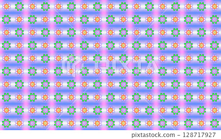 Soft pink background with floral patterns. The floral patterns are arranged in rows, but the colors are arranged in dmagonals. The white-blue-pink background in the bokeh adds tenderness to the image. 128717927