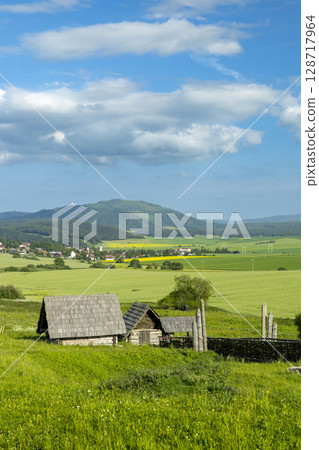 Open Air Museum of Folk Architecture Showing Traditional Wooden Houses in Strba, Slovakia 128717964
