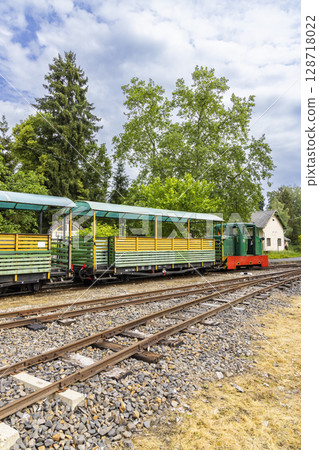 Narrow gauge railway waiting at Palhaza station in Hungary Narrow gauge railway waiting at Palhaza station in Hungary 128718022