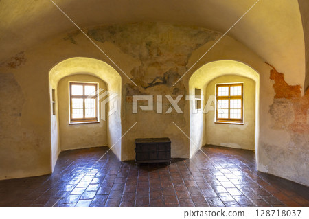 Sunlight illuminating ancient chest in Svihov water castle in Czechia 128718037