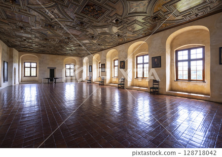 Knights' Hall of Svihov water castle featuring renaissance painted ceiling with geometric patterns and portraits on the walls 128718042
