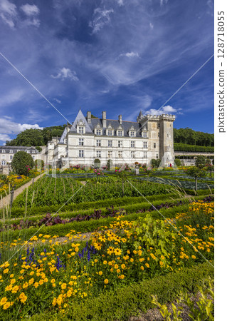 Chateau de Villandry rising above colorful flowerbeds in Loire Valley, France 128718055