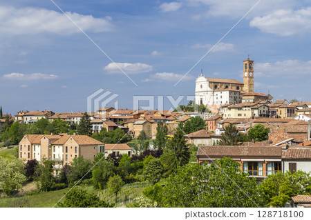Grana Monferrato skyline with church dominating the cityscape in Piedmont, Italy Grana Monferrato skyline with church dominating the cityscape in Piedmont, Italy 128718100