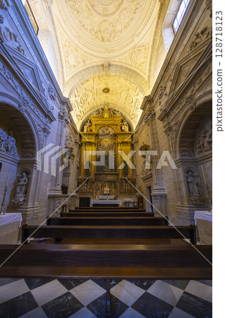 Ornate interior of Baeza Cathedral showing altar, pews and vaulted ceiling in Andalusia, Spain 128718123
