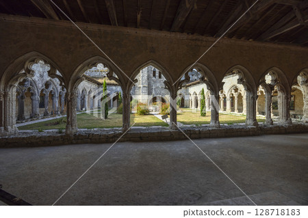 Cloister of the Collegiate Church of Saint Pierre framing a courtyard garden in La Romieu, France 128718183