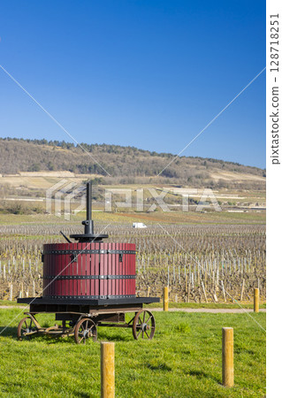 Historic Wine Press in Puligny Montrachet Vineyard Landscape Historic Wine Press in Puligny Montrachet Vineyard Landscape 128718251