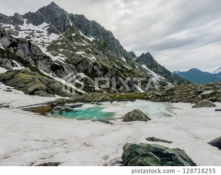 Glacial lake, pure white snow and stones in mountains Glacial lake, pure white snow and stones in mountains 128718255