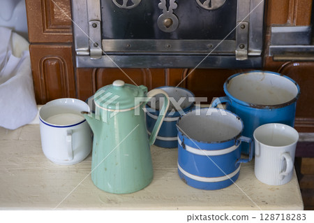 Vintage Kitchen Setup with Enamelware in Kourim Vintage Kitchen Setup with Enamelware in Kourim 128718283