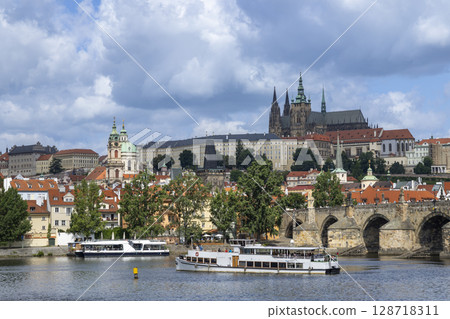 Scenic View of Prague with Charles Bridge and Vltava River 128718311