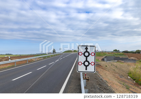 Directional Road Sign on Rural Czech Highway Directional Road Sign on Rural Czech Highway 128718319