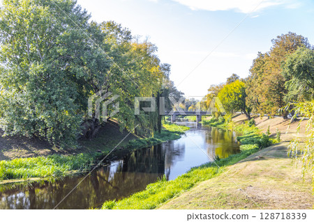 Beautiful river nature bridge and blue sky Brest Fortress Belarus. 128718339