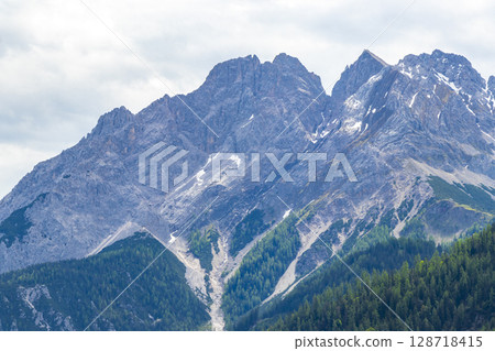 Panoramic view Zugspitze mountain peak alpine landscape Alps Tyrol Austria. 128718415