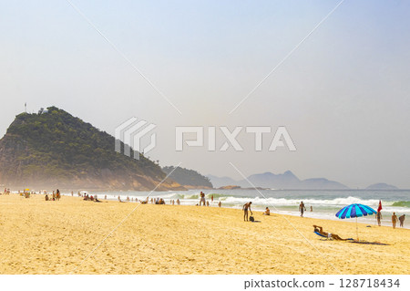 Tropical Copacabana Leme Beach Parasols People Rio de Janeiro Brazil. 128718434
