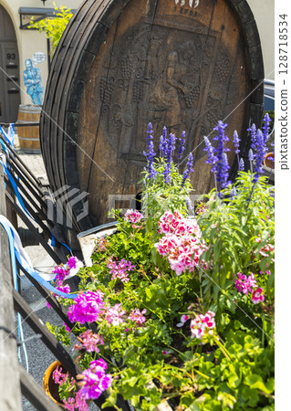 Large wine barrel decorated with flowers in Modra, Slovakia 128718534
