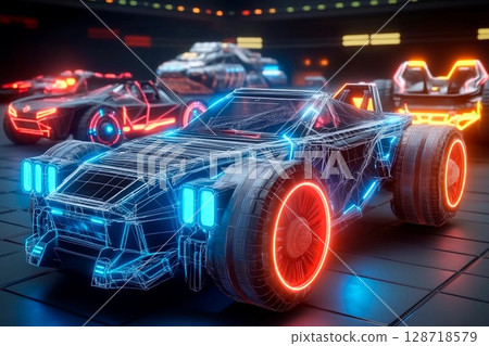 Futuristic automobile design featuring realistic skeleton drawing in neon wireframe style with vibrant colors Futuristic automobile design featuring realistic skeleton drawing in neon wireframe style with vibrant colors 128718579